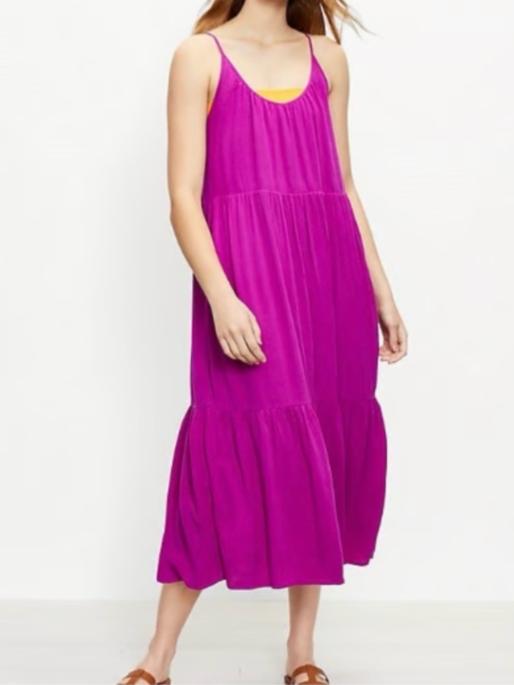 LOFT Magenta Tiered Spaghetti Strap Lined Midi Dress | Size XXSP